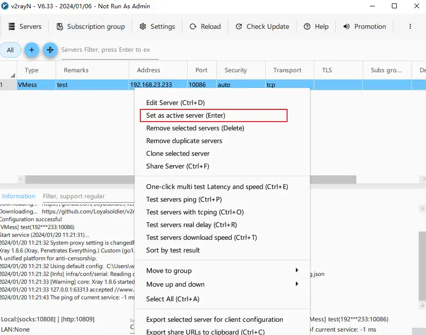 Active v2rayN server